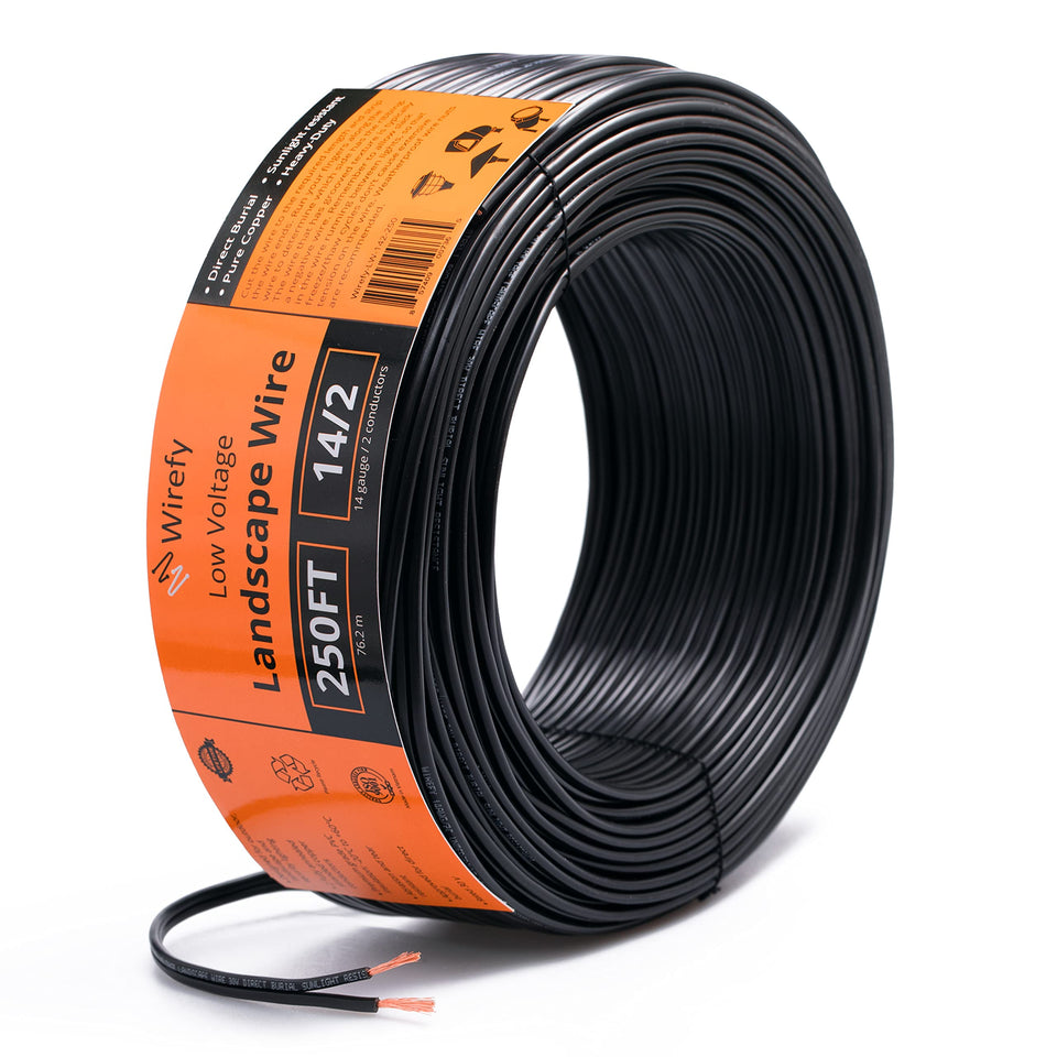 Wirefy 14-2 low-voltage wire spool illustrates a durable, long run for landscape lighting.