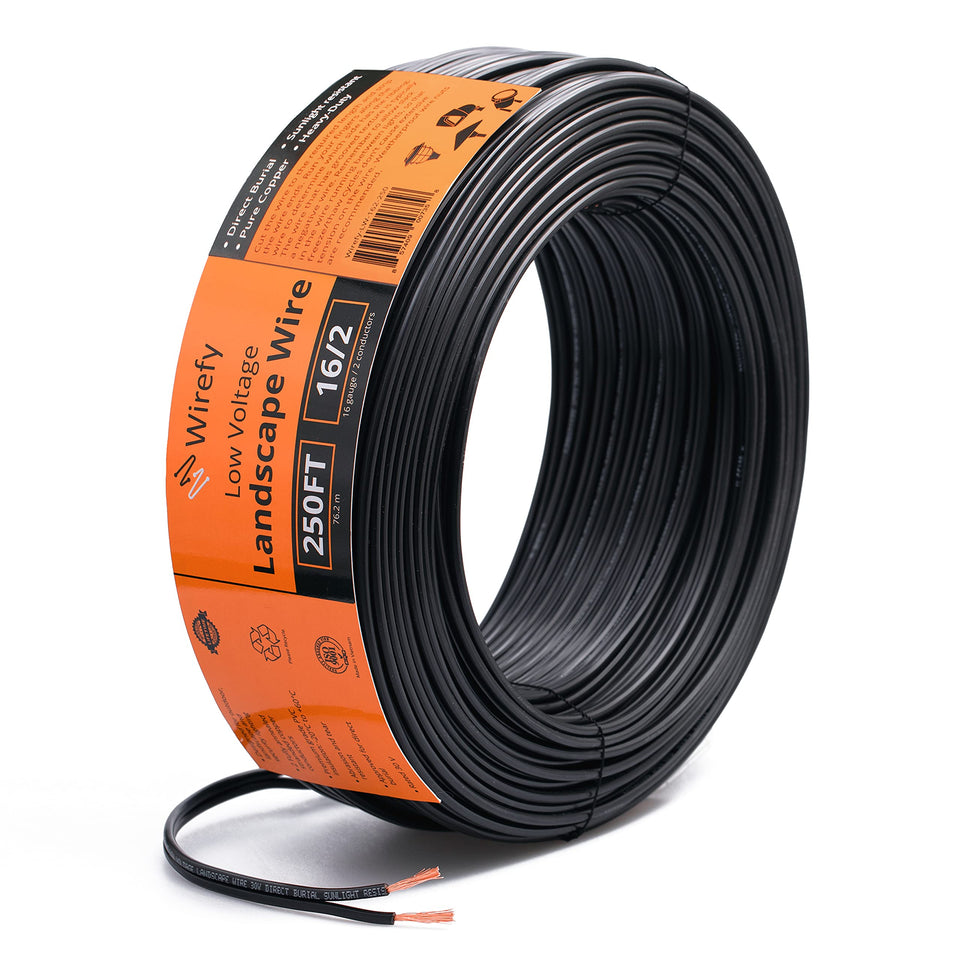 Wirefy 16/2 low-voltage wire 250 ft, coiled, ideal for DIY landscape lighting.