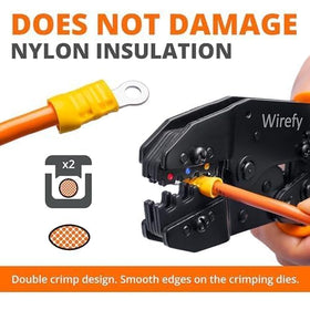 Wirefy crimp pliers for electrical connections provide smooth, consistent crimps.