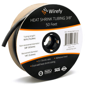 Wirefy heat shrink tubing close-up showing a 3:1 shrink ratio for a secure connection.