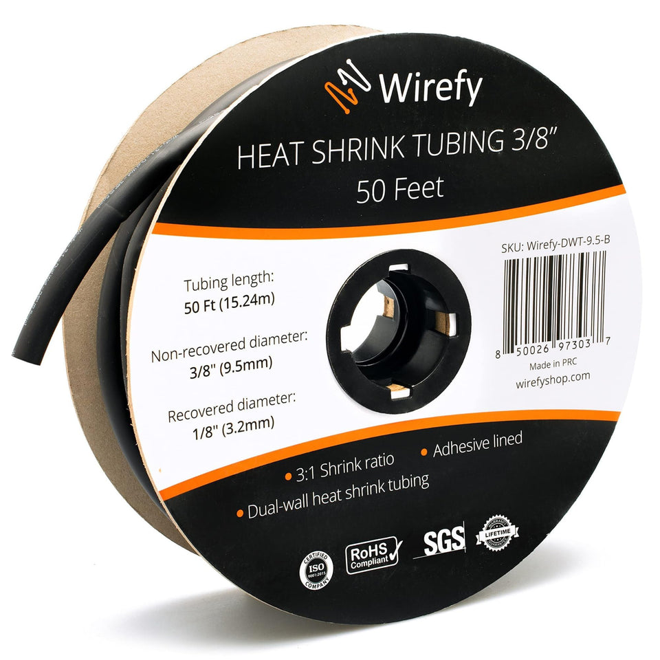 Wirefy heat shrink tubing close-up showing a 3:1 shrink ratio for a secure connection.