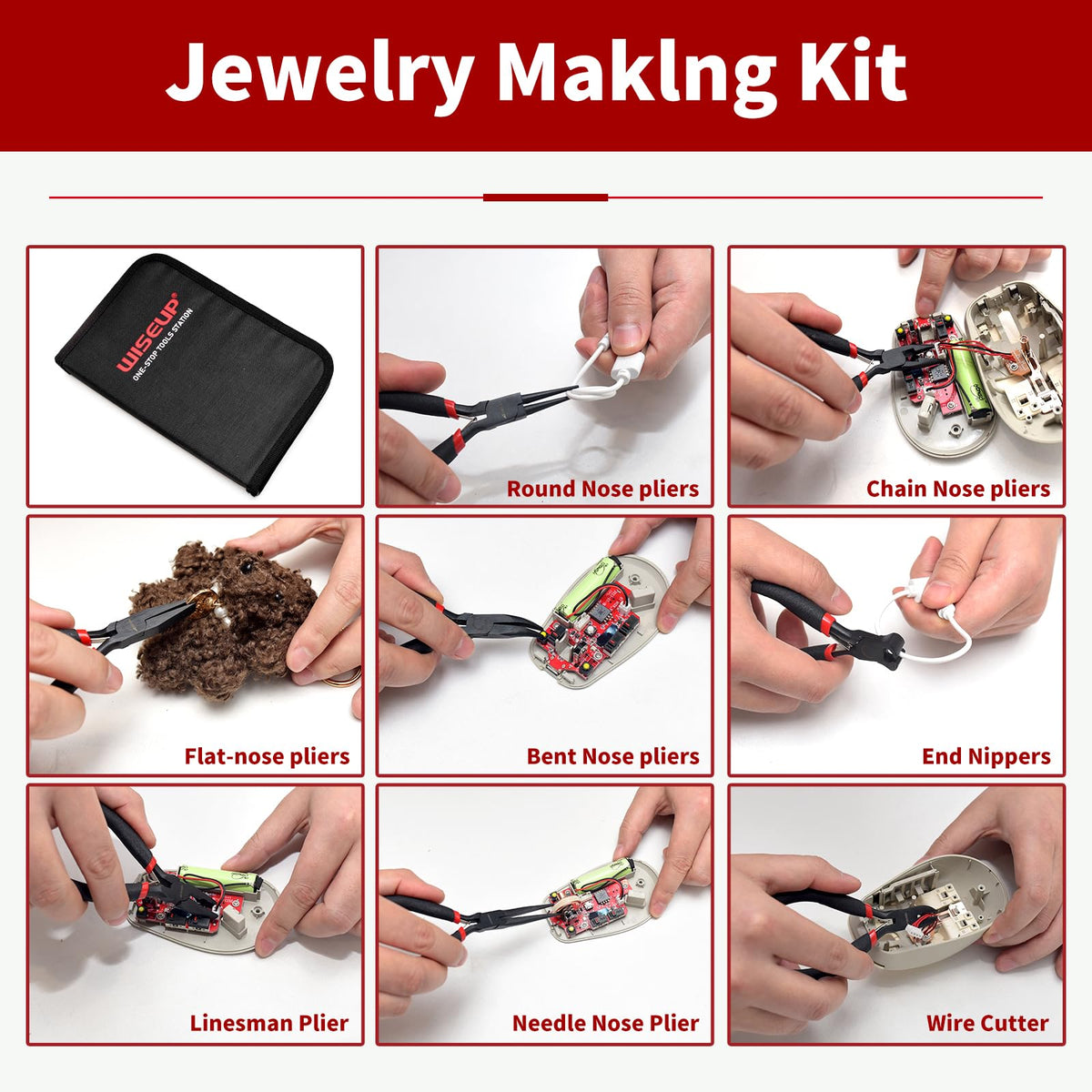 WISEUP mini flat-nose pliers provide flat gripping for delicate components.