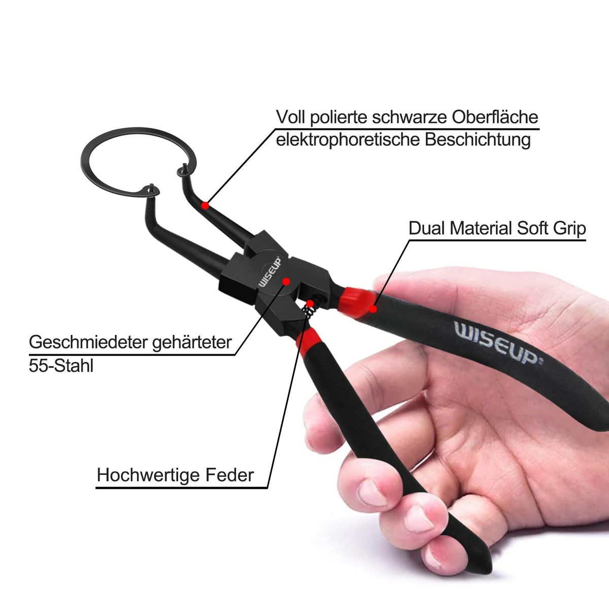 WISEUP Snap Ring Pliers external bent jaws for tight fittings.