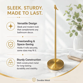 Wismay freestanding gold TP stand offers convenient roll access.