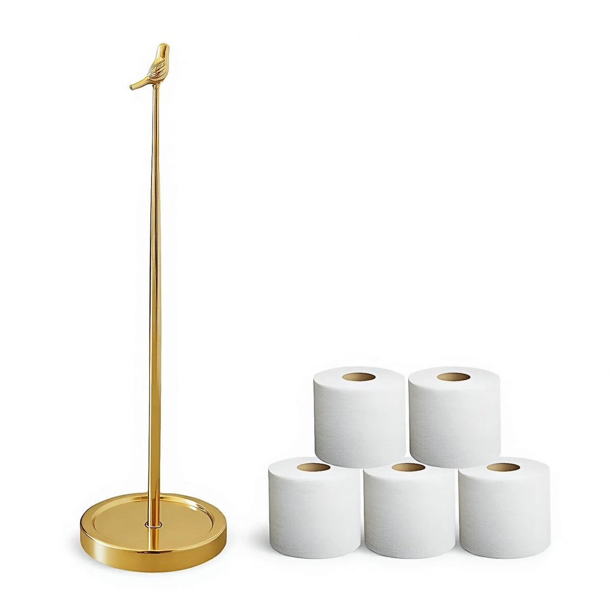 Wismay four-roll bird-style TP holder in gold for organized bathroom storage.