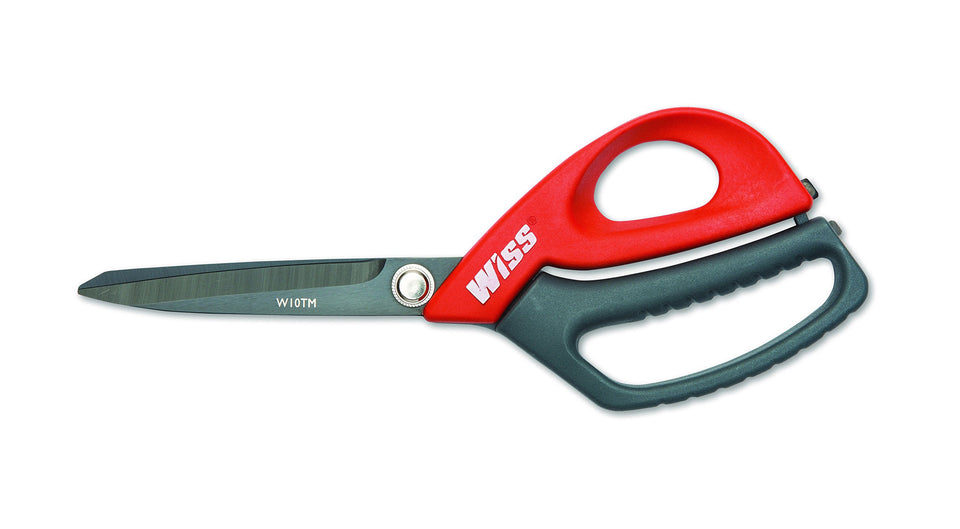 Wiss Crescent 10-inch titanium-coated shop shear with full-length blades for heavy-duty cutting.