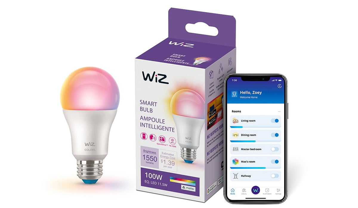 WiZ Connected 100W A19 color bulb creates vibrant ambient lighting in living spaces