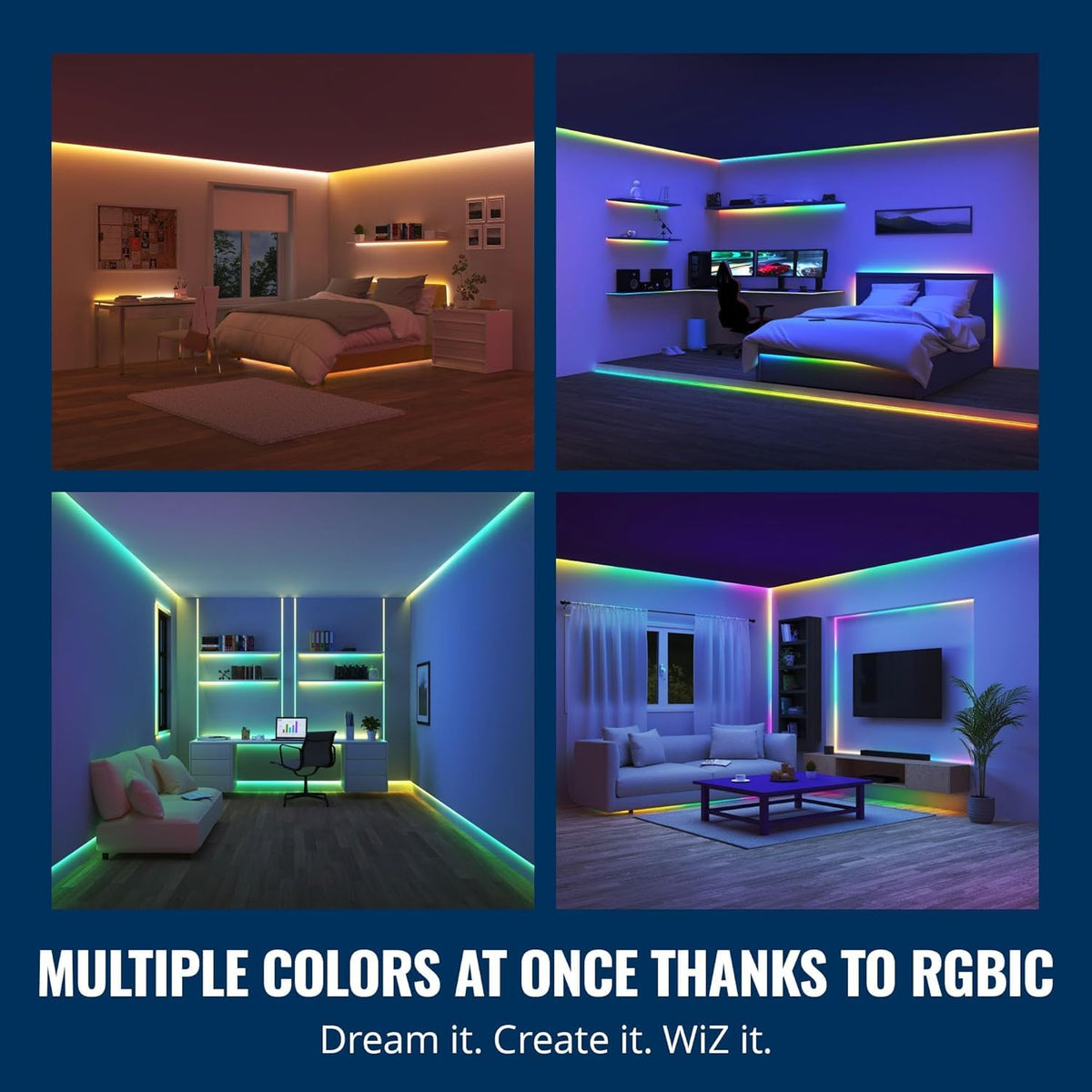 WiZ RGBIC multicolor effects create dynamic mood lighting across rooms.