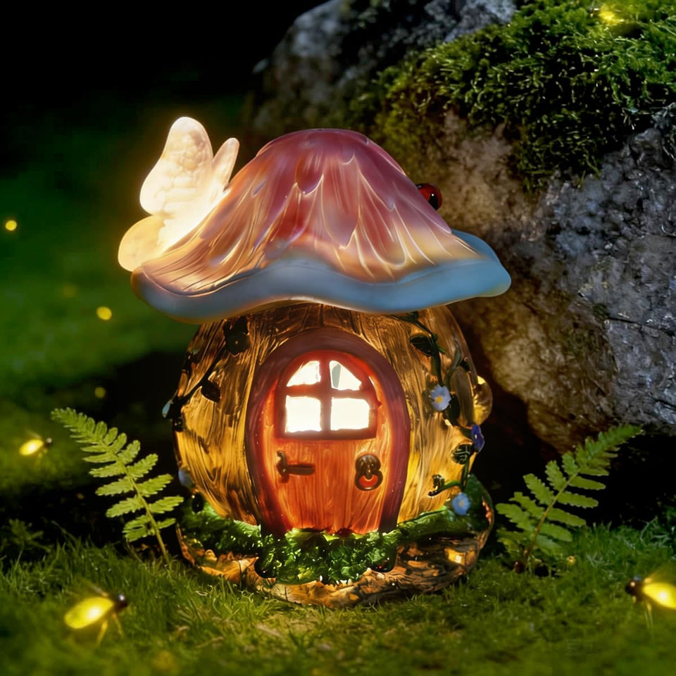 WJRGXFCNB Mushroom Fairy House Solar Light glows softly in the evening garden