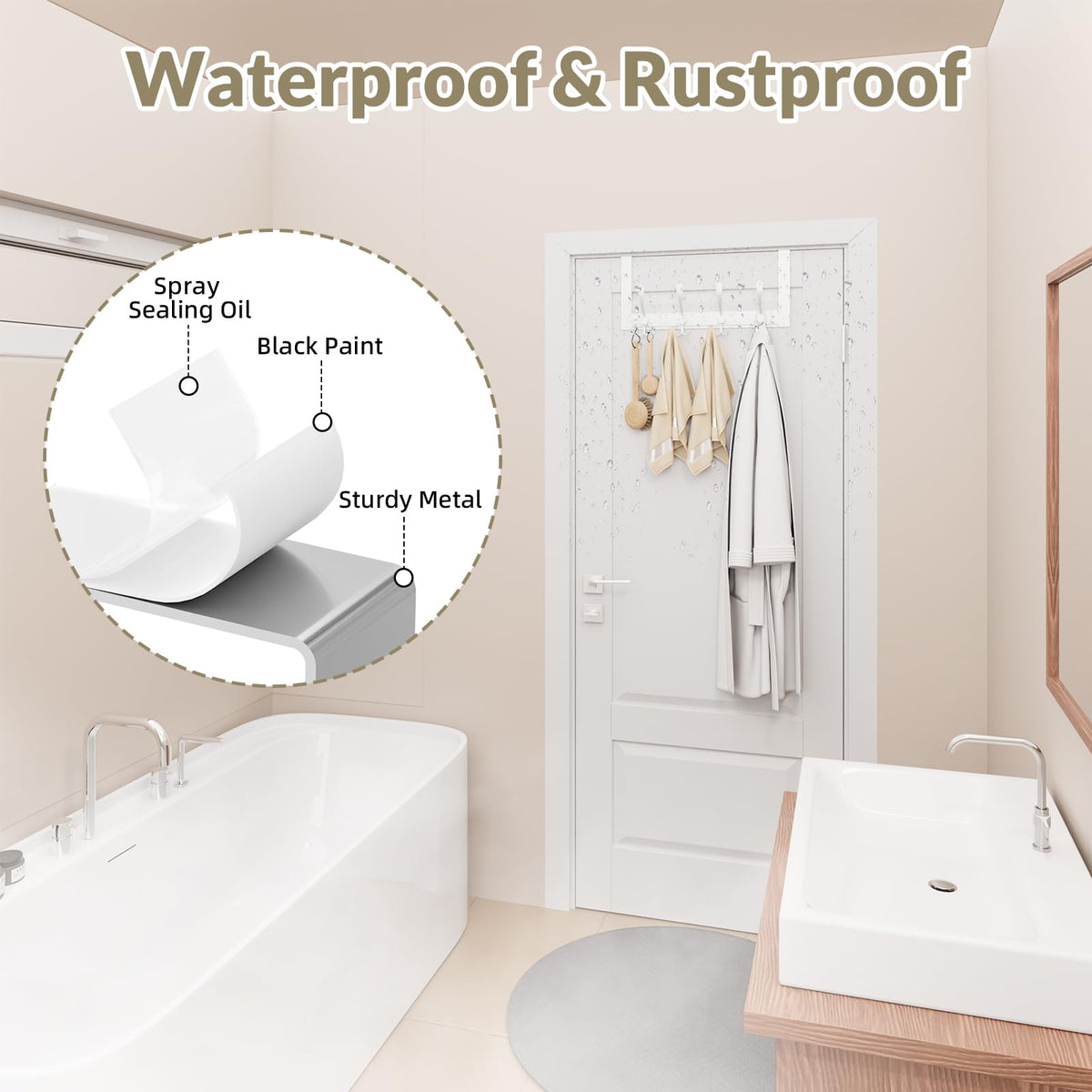 WLCSNG white door hooks complement bathroom decor.