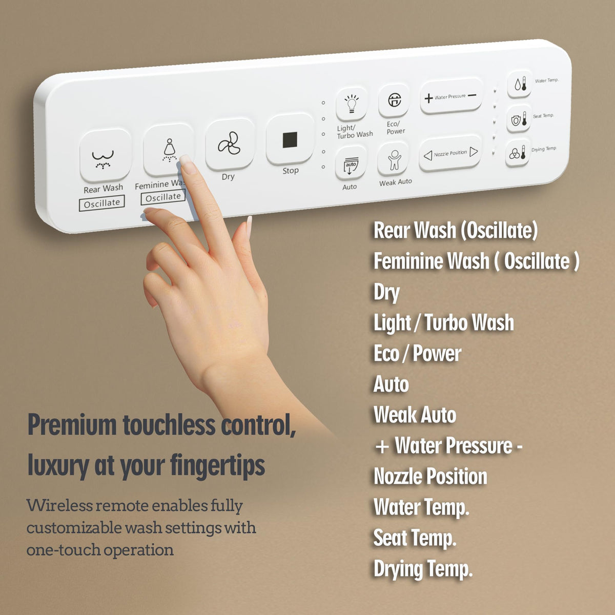 Adjustable nozzle position with oscillating wash for personalized cleansing.