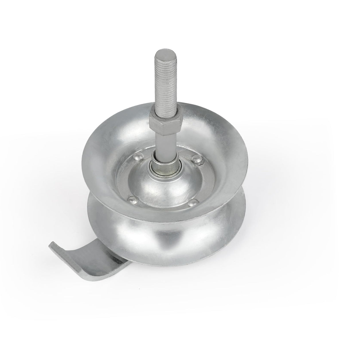 Close-up of the Wmebee roller wheel showing sturdy galvanized steel