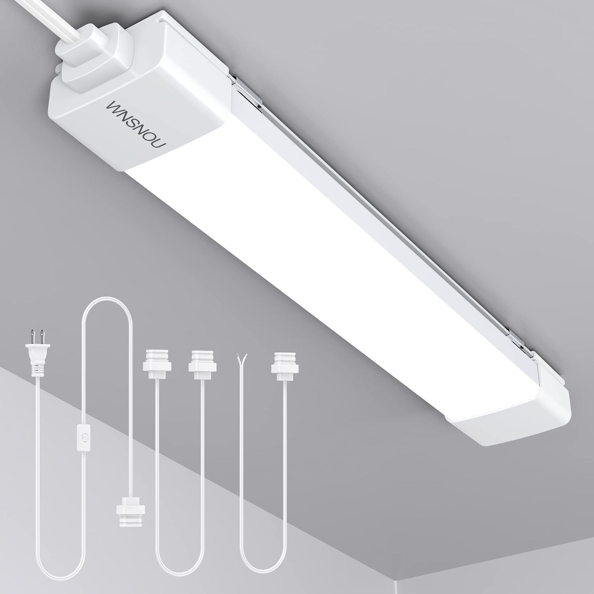 WNSNOU LED tube light fixture plug 1.4ft provides flicker-free brightness for garages.