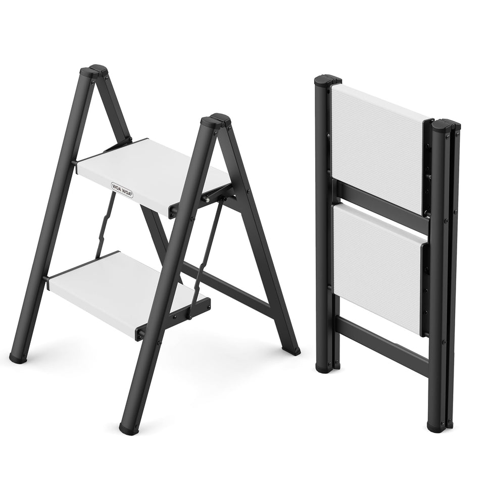WOA WOA 2-step ladder folded for compact storage in closets and cabinets.
