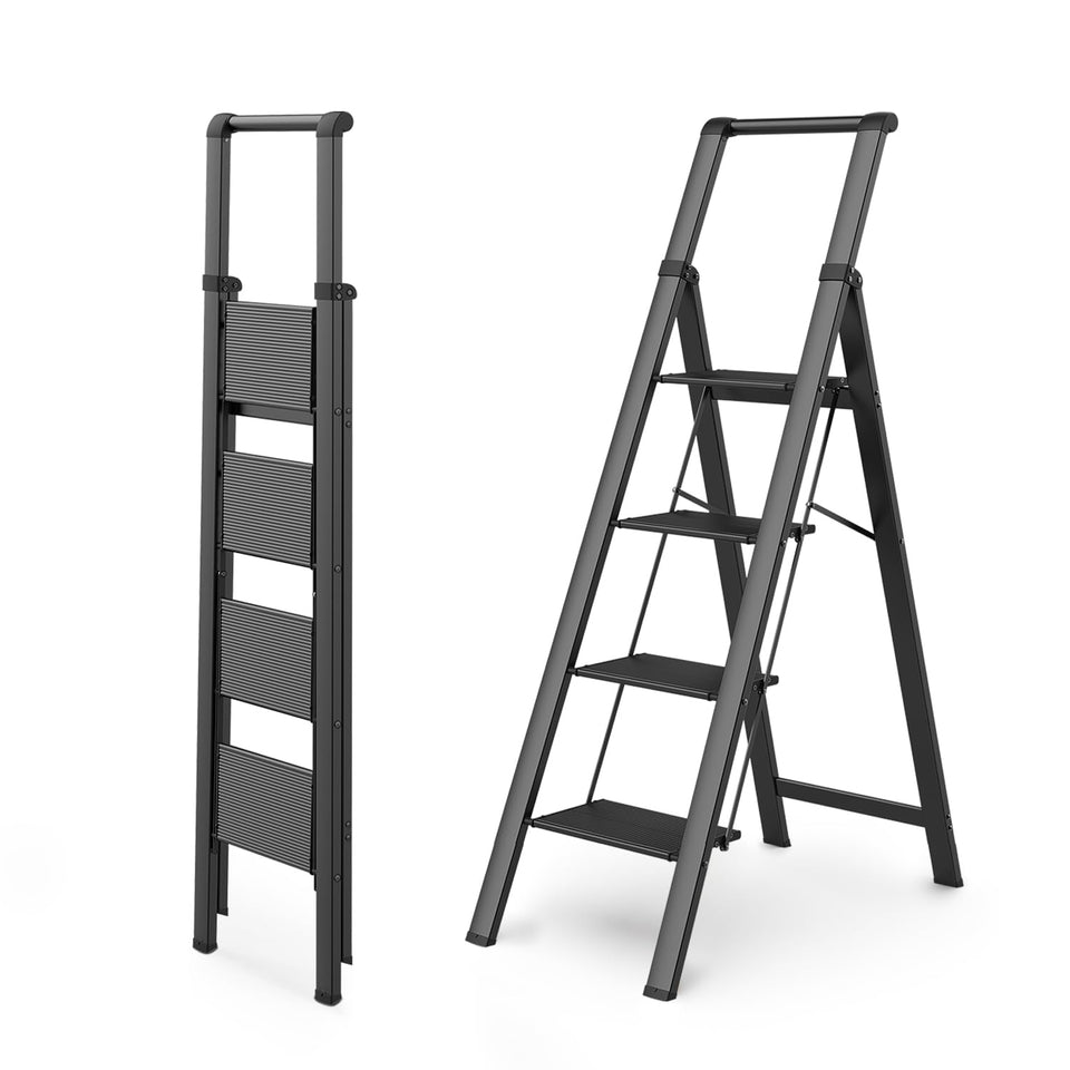 WOA WOA 4-step ladder side view showcases stability for high shelves.