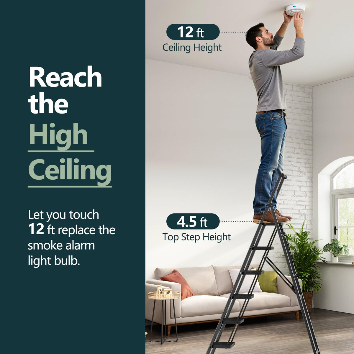 WOA WOA 6-step ladder folded compact demonstrates easy storage behind a door.