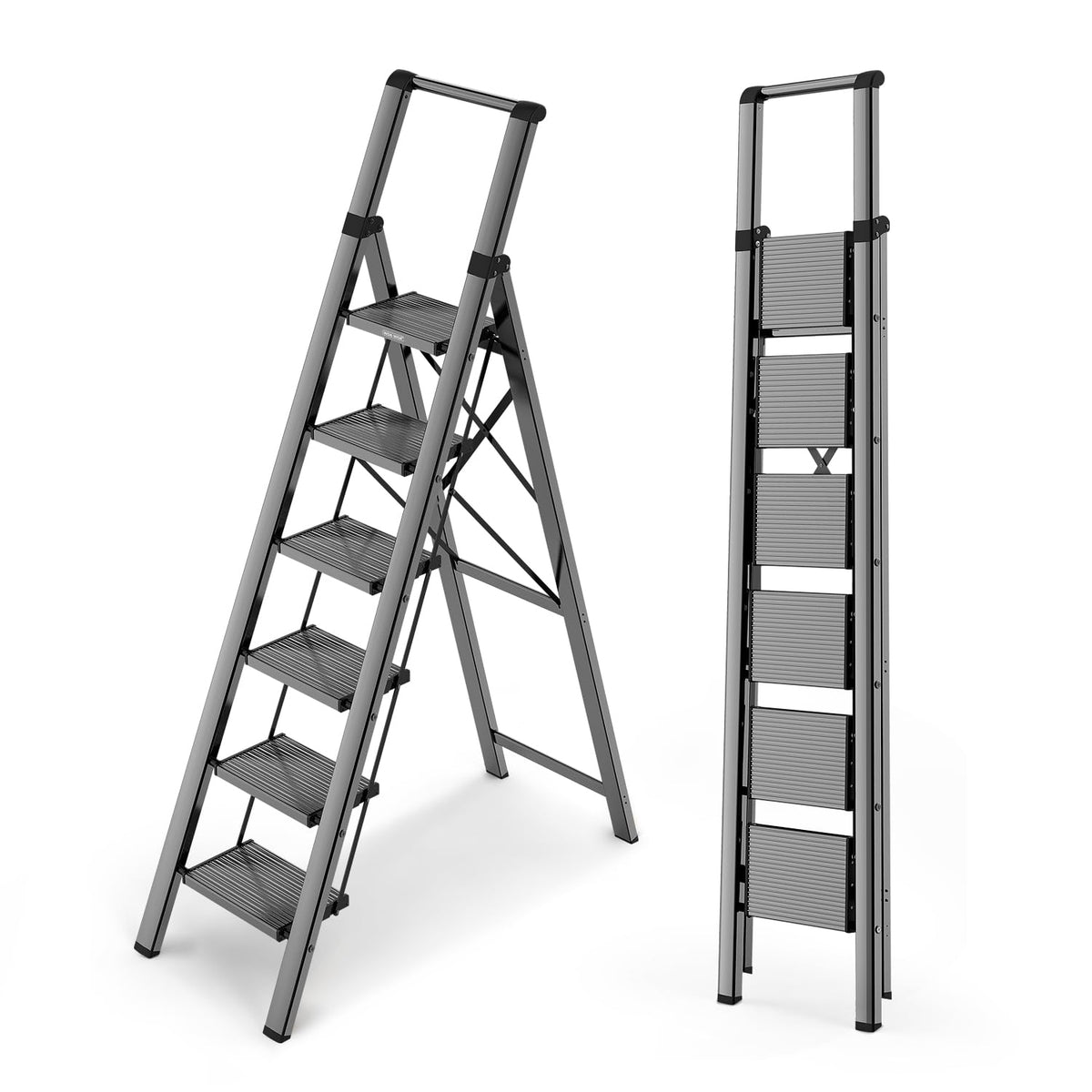 WOA WOA 6-step ladder front view shows sturdy reach for tall cabinets.