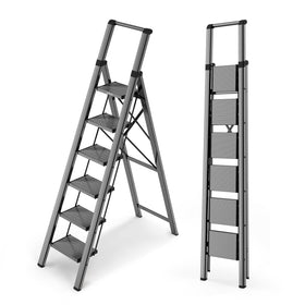 WOA WOA 6-step ladder front view shows sturdy reach for tall cabinets.