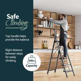 WOA WOA 6-step ladder top-step height enables reaching ceiling fixtures safely.