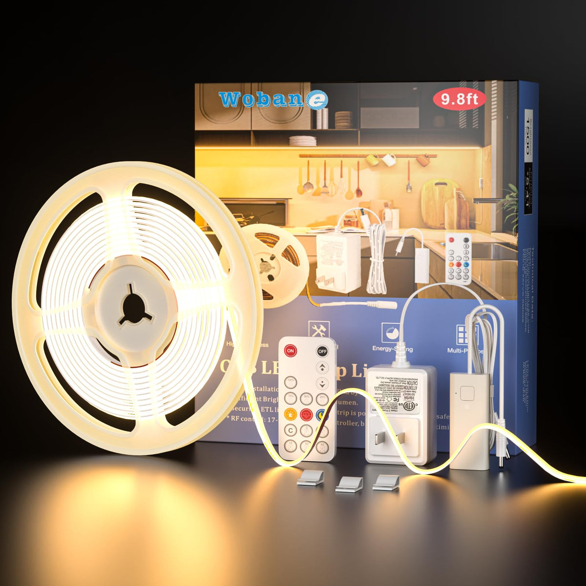 WOBANE COB LED strip light kit in 9.8 ft for even cabinet and shelf illumination.