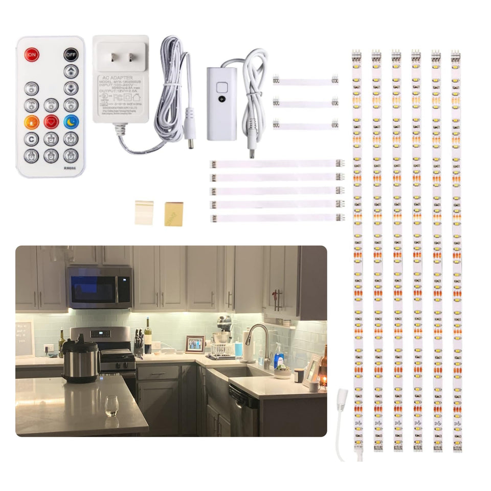 WOBANE under-cabinet lighting kit with six bars for even kitchen task lighting.