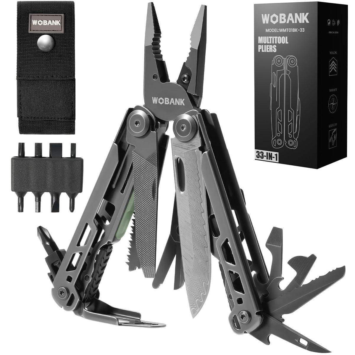 WOBANK multitool assembled, showing 33-in-1 versatility for outdoor tasks.