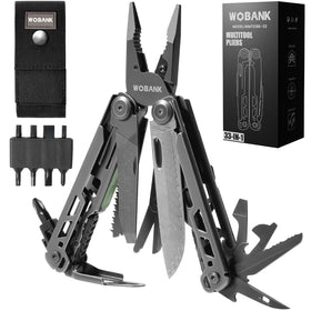 WOBANK multitool assembled, showing 33-in-1 versatility for outdoor tasks.
