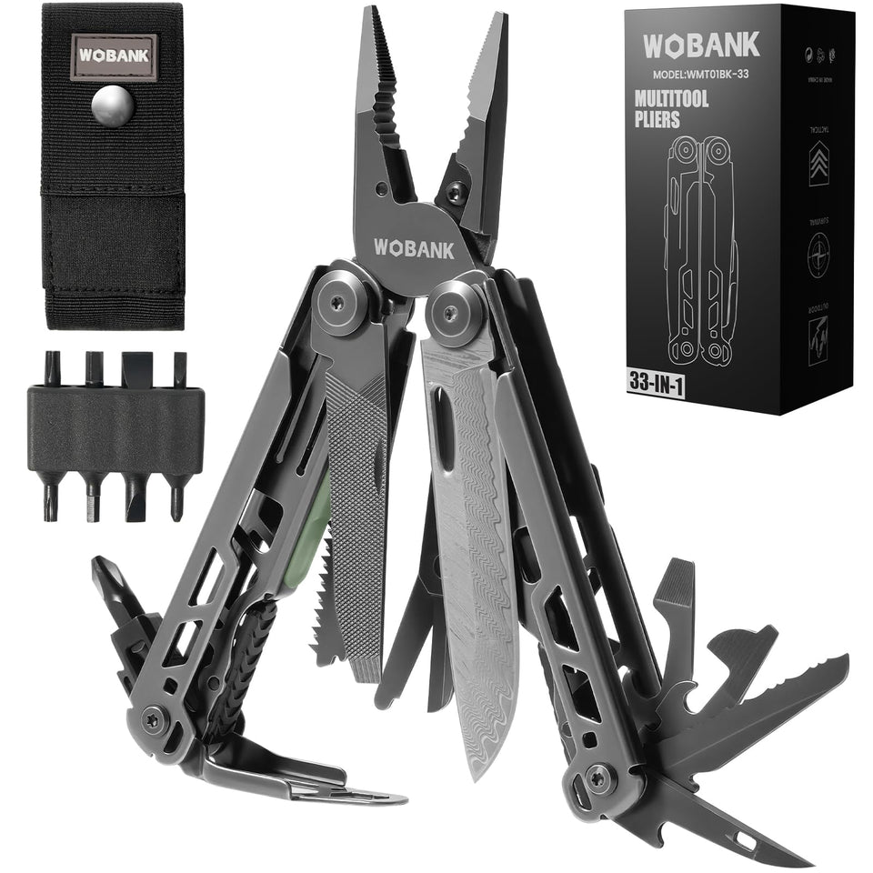 WOBANK multitool assembled, showing 33-in-1 versatility for outdoor tasks.