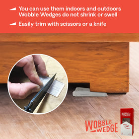 WOBBLE WEDGES under a table stabilizing uneven legs on wood