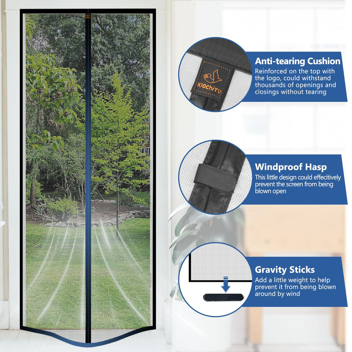 WochiTV gray magnetic screen door wind-resistance design helps stability