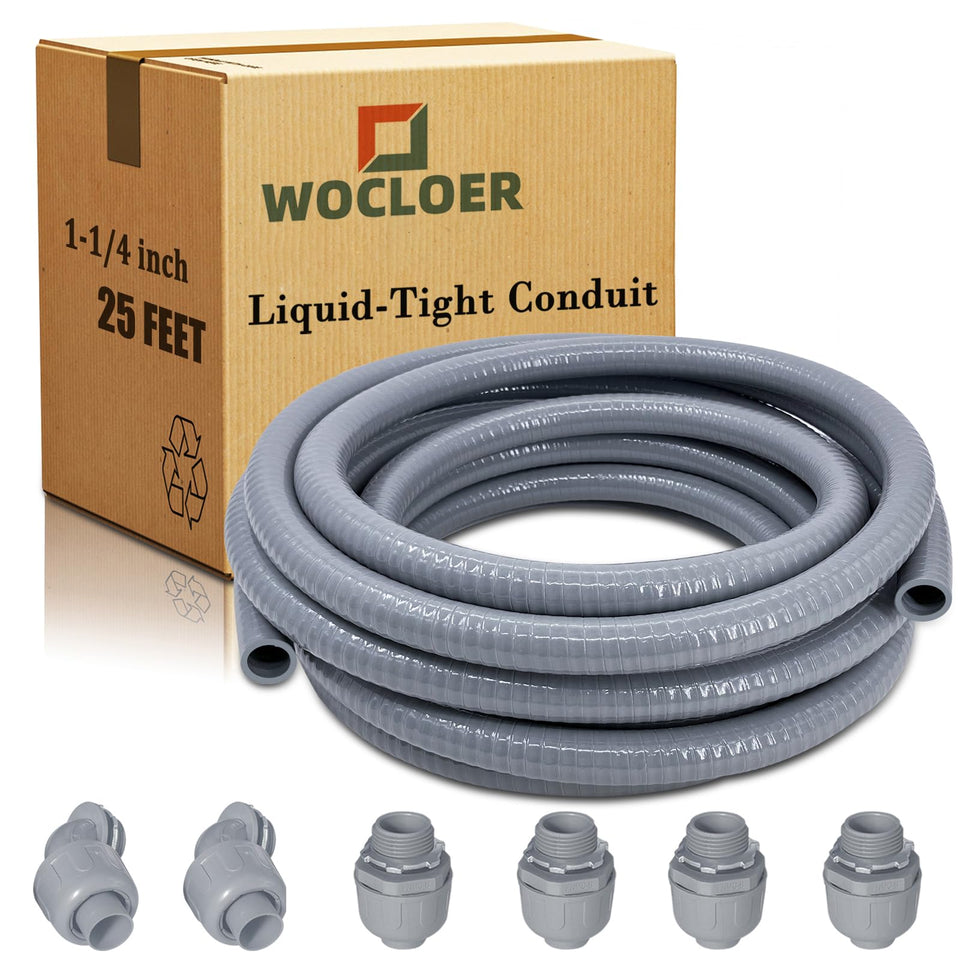 Wocloer liquid-tight conduit 25ft showing flexible PVC protection for wiring in tight spaces.