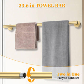 Woekme brushed gold towel ring coordinates with the bar for a cohesive bath look.