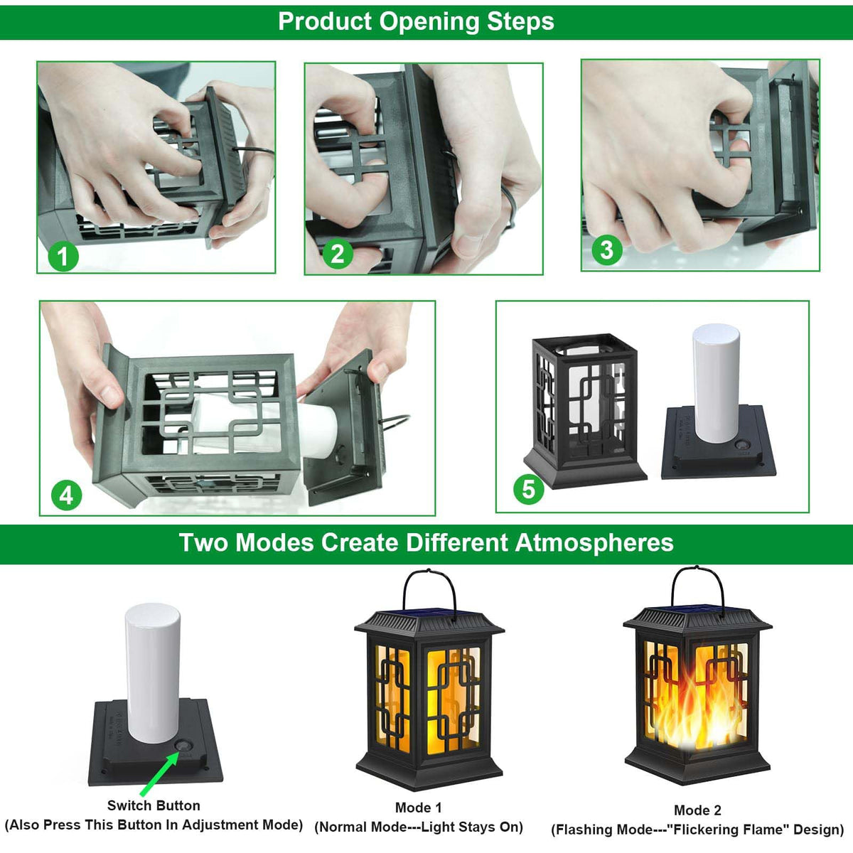 Woenergy solar lantern auto on at dusk with light sensor.