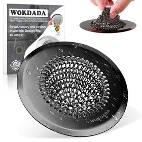 Wokdada chain-mesh sink strainer demonstrates debris capture for easy disposal.