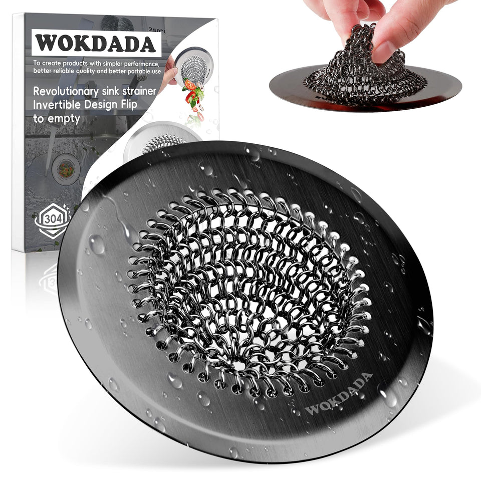 Wokdada chain-mesh sink strainer demonstrates debris capture for easy disposal.