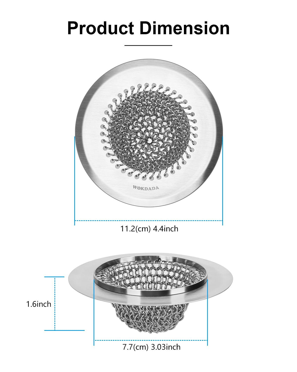 Wokdada universal fit 4-4 inch diameter fits most US sink openings.