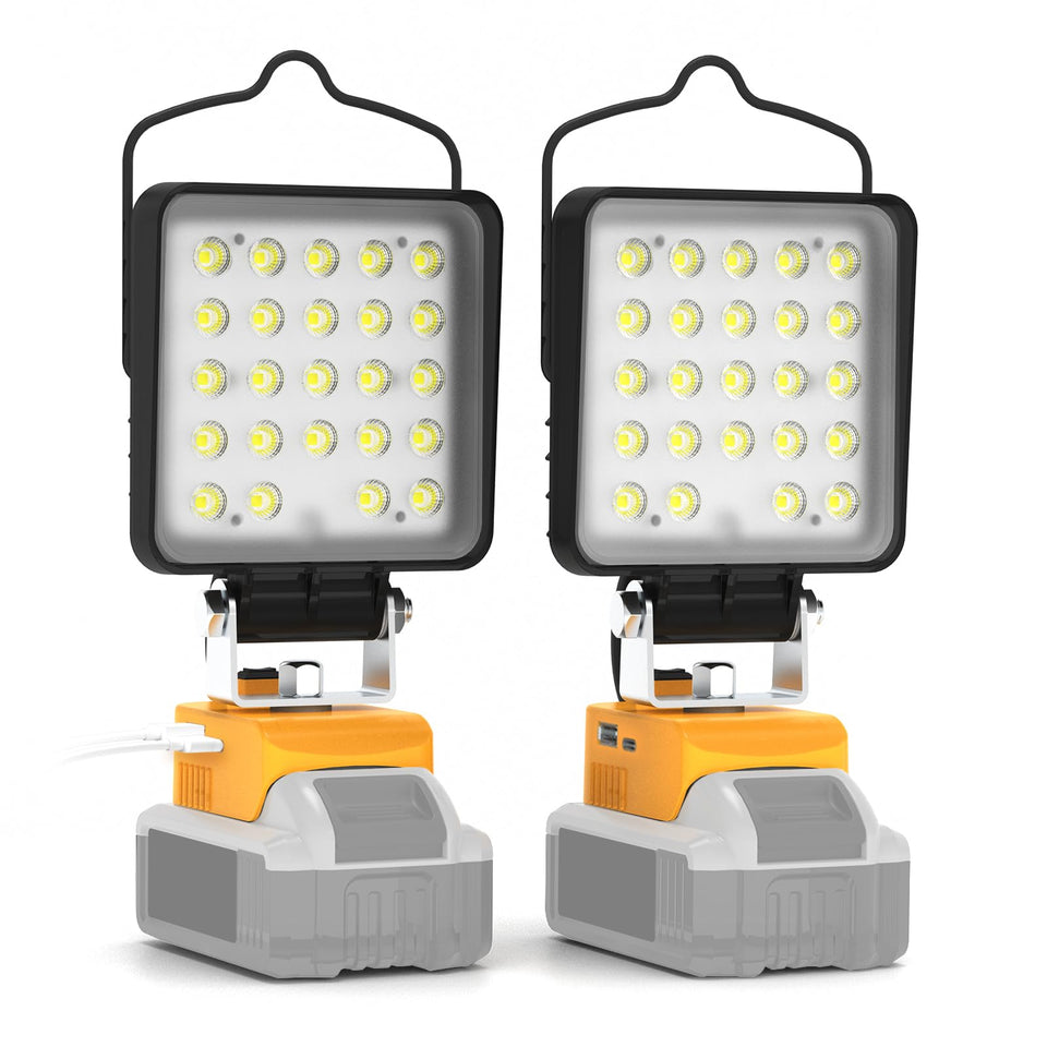 Wokelux cordless LED work light head tilt enables wide area illumination using DeWalt 20V Max.