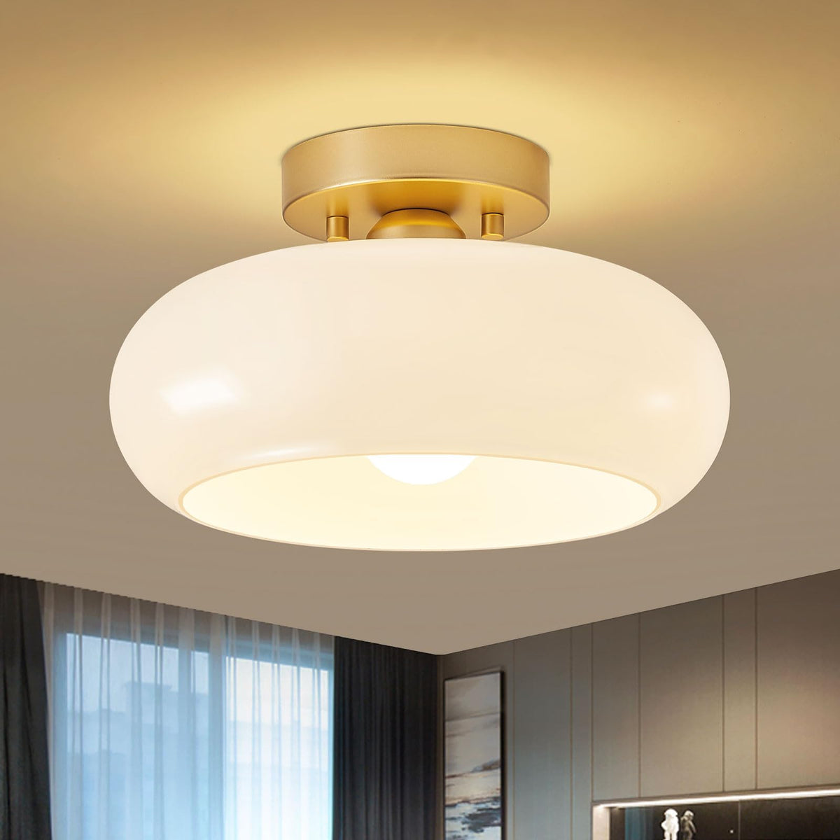 WOKNOS mid-century gold semi-flush mount with frosted shade in a living room, soft glow