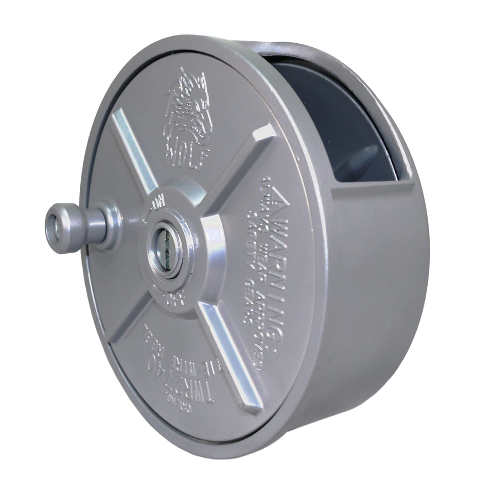 Wolf 6.25-inch aluminum tie wire reel mounted on belt for hands-free use.