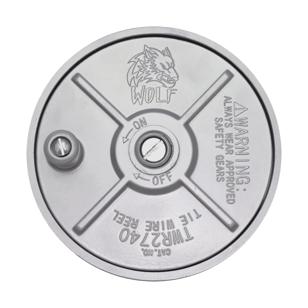 Wolf 6.25-inch aluminum tie wire reel with coil of wire for demonstration.