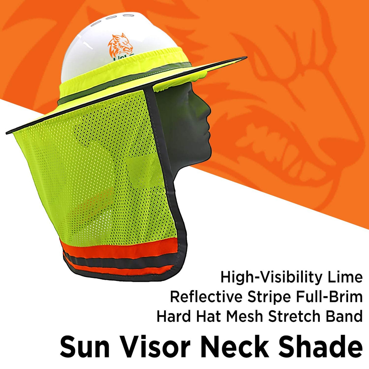 Wolf high-visibility sun visor attaches to full-brim helmets to shield eyes from sun.