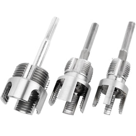 Wolfride pipe threader shows internal and external threading on half-inch pipes.