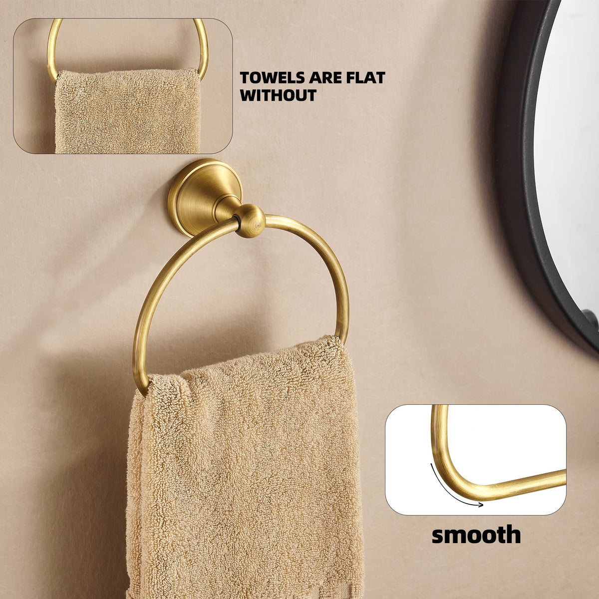 Brass towel ring construction resists corrosion and rust for longevity