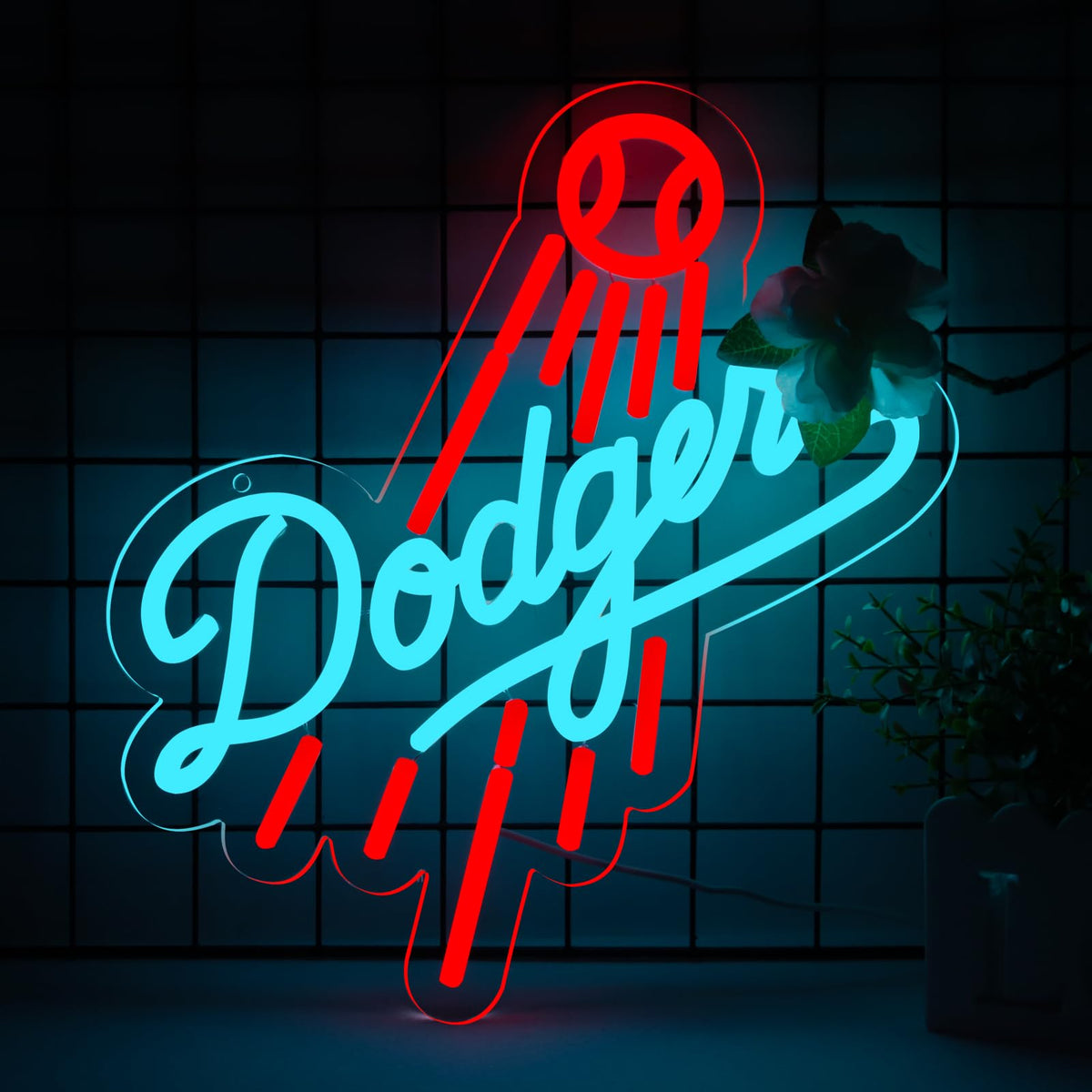 WonderfulLife Dodger neon sign illuminates garage walls with a blue ambient glow for sports vibes