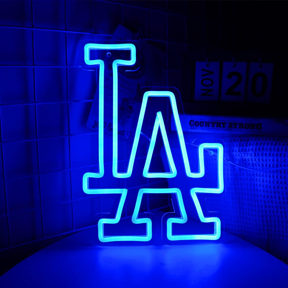 WonderfulLife Dodgers neon sign glows blue as wall decor for a game room.