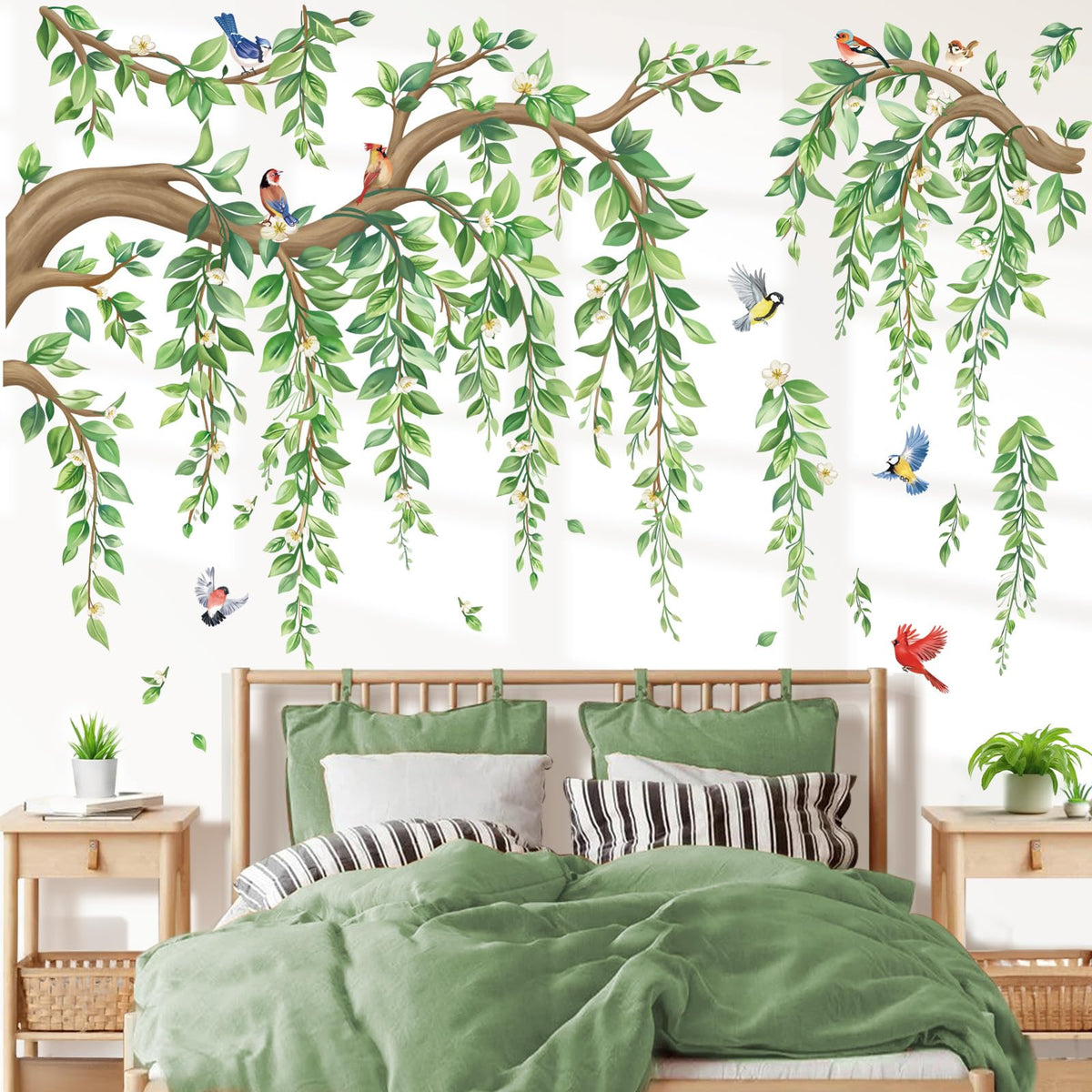 Wondever tree branch hanging vine wall stickers with green leaves and birds for living spaces.