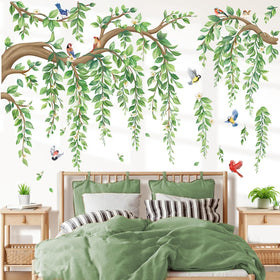 Wondever tree branch hanging vine wall stickers with green leaves and birds for living spaces.