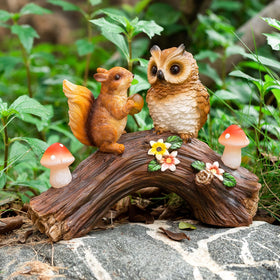 WONDHOME owl and squirrel figures on a log with mushroom lights.