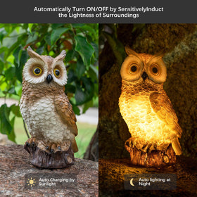 WONDHOME weatherproof resin owl withstands rain and sun for year-round decor.