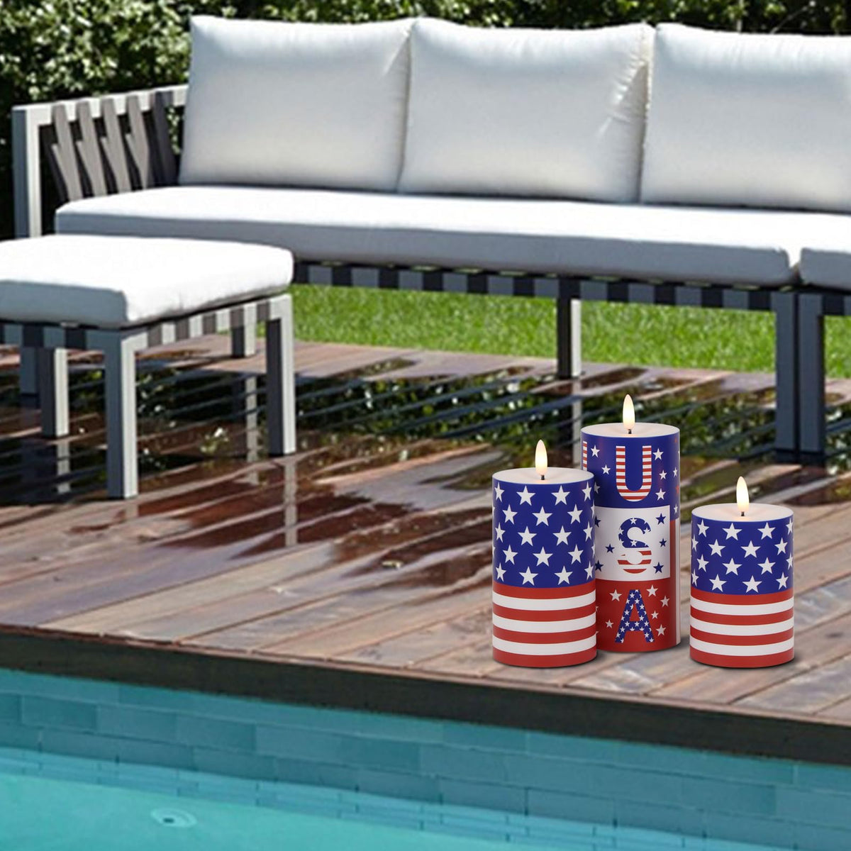 Wondise red white blue candle set for safe, long-lasting indoor and outdoor decor.